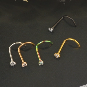Five-piece L-shaped stainless steel nose studs set with round clear cubic zirconia stones