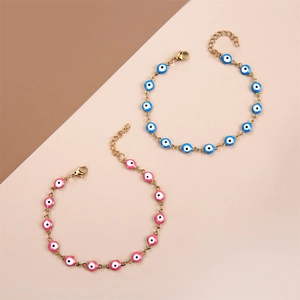 Evil Eye charm bracelets in gold stainless steel with blue and pink enamel beads