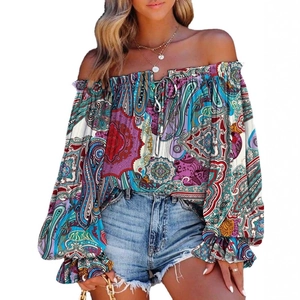 Bohemian paisley off-shoulder blouse with long bell sleeves and ruffle cuffs