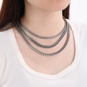 Three-layer silver Cuban chain necklace shown on model for stylish layered look