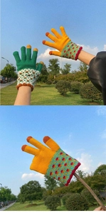 Detail of color-block knitted thermal gloves with polka dot patterns and touch-screen fingertips