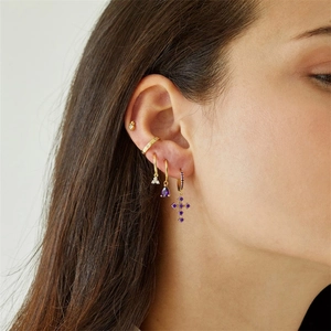 14K gold plated water drop earrings set with purple zircon pendant worn on model