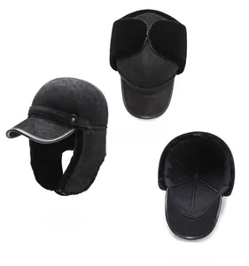 Three views of black winter earmuff hat showing internal fleece lining and suede finish