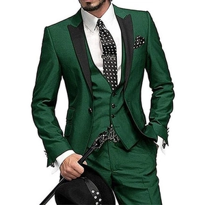 Men's slim fit three-piece dark green suit with lapel, vest and trousers for formal events