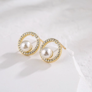 Gold-plated geometric stud earrings with micro-set zircon and pearl on stone base