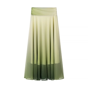 Women's pleated A-line maxi skirt with elegant green gradient mesh fabric on white background