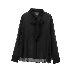 Chemise élégante en popeline noire transparente pour femmes avec col à nœud papillon