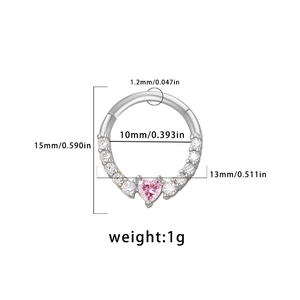 Detailed size chart for silver nose ring with pink heart stone and cubic zirconia inlay