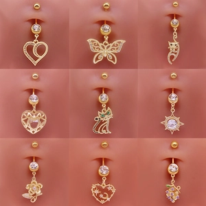 Piercing Nombril Bijoux De Corps Acier Inoxydable Or Strass Pendentif Coeur Papillon Chat Fleur Pour Femmes