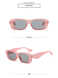 Front and side view of retro pink rectangular sunglasses with gray lenses and clear frames