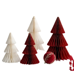 Festive origami paper Christmas tree set with red velvet sequin ball for table decor