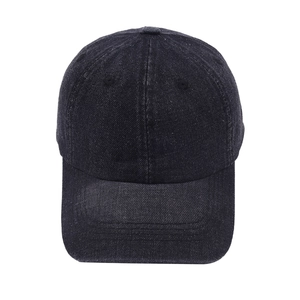 Front view of charcoal grey denim baseball cap with curved brim and six-panel crown