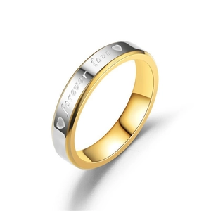 Two-tone silver and gold stainless steel ring with Forever Love heart engraving