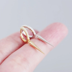 S925 silver hoop earrings with zircon studs and cone spike charms shown on the ear