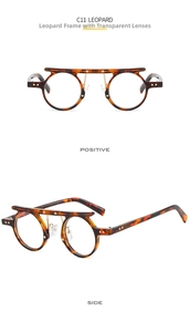 Front and side views of leopard round glasses with double bridge and clear lenses