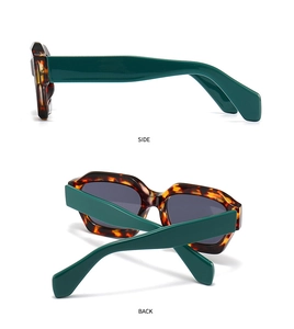 Detailed side and back views of tortoise shell sunglasses with thick dark green temples