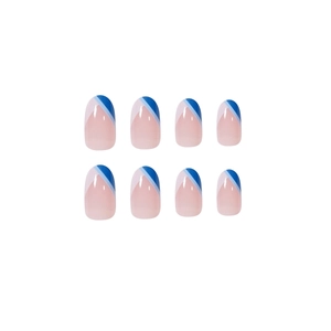 French blue and white abstract color block fake nails in oval shape on white background