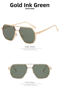 Front and side views of gold aviator sunglasses with dark green polygonal lenses