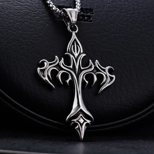 Vintage silver flame pattern cross pendant necklace with box chain on black leather