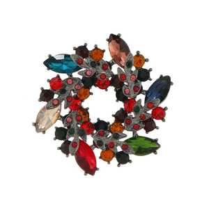 Elegant multi-color crystal rhinestone floral brooch in vintage style metal setting