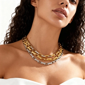 Three-layer gold and silver mixed metal chain necklace for women in minimalist style