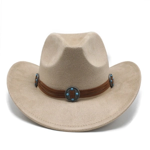 Detail of suede cowboy hat featuring a turquoise studded band and curved brim