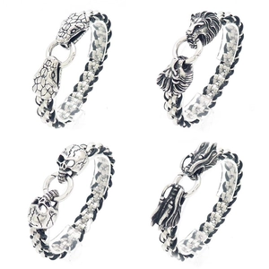 Men Stainless Steel And Cowhide Leather Braided Bracelet With Animal Head Lion Snake Dragon Skull Punk Vintage Jewelry