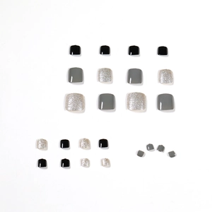 Morandi tone summer press-on toenails set in black, grey and glitter silver