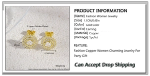Detail view of 18k gold plated round zircon stud earrings with size measurements