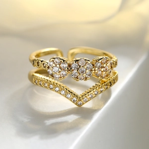 Luxury gold-plated geometric double-layer open ring with sparkling zircon pavé clusters