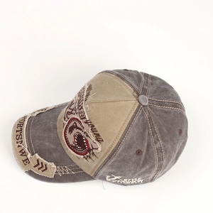 Detail of vintage baseball cap featuring shark embroidery and worn-out distressed effects