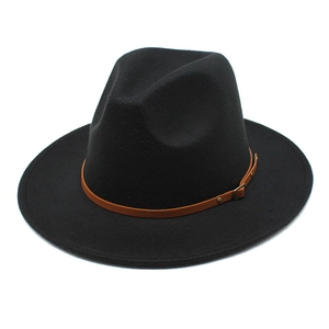 Classic black wide-brim wool fedora hat with brown leather band and retro buckle