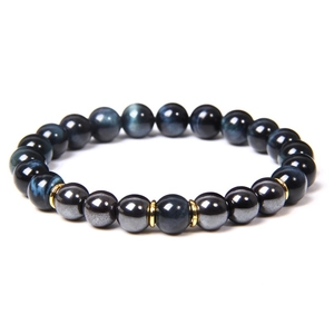 Detail of 8mm blue tiger eye and hematite beaded bracelet with golden spacers