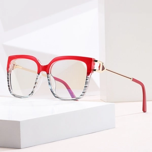 Fashion square color-block optical glasses with red frame and gold metal temples