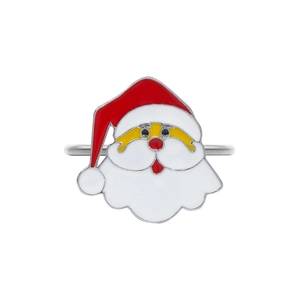 Macro detail of Santa Claus enamel napkin ring with polished silver metallic finish