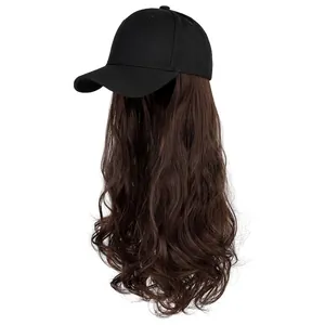 Long wavy dark brown wig with black baseball cap for women stylish hair extension hat