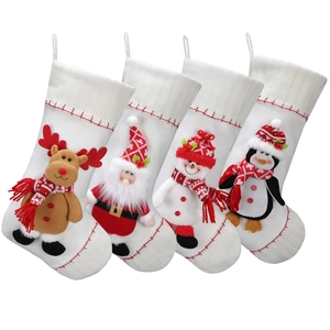 Four white Christmas stockings with 3D Santa, reindeer, and snowman fireplace hangers