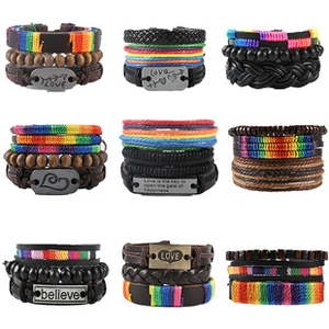Macro display of 9 sets of vintage braided leather bracelets with beads and metal charms
