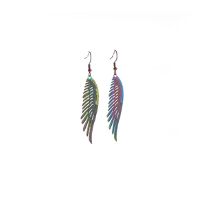 Elegant rainbow gradient feather drop earrings in bohemian vintage hollow metal style
