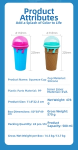 Detailed size specifications for the 500ml silicone slushy maker cup showing dimensions