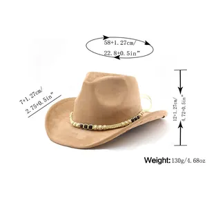 Size chart for suede cowboy hat showing circumference, height, and brim measurements