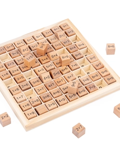 Top-down view of wooden multiplication table blocks for early math education