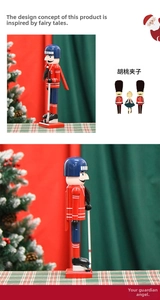 Detailed view of walnut soldier nutcracker holding a hockey stick with red square base