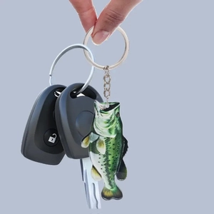 Handheld acrylic bass fish keychain with metal ring and realistic printed detail