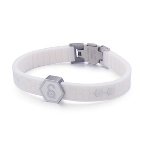 White silicone sports bracelet with titanium steel hexagonal metal clasp and honeycomb texture