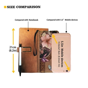 Long brown leather wallet size comparison with notebook and 5.5 inch mobile phone