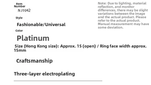 Detailed size chart for rotatable anxiety ring showing 15mm width and size specifications