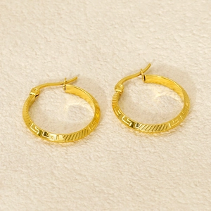 Minimalist 18K gold plated titanium hoop earrings with classic Greek key pattern