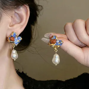 French Vintage Enamel Floral Drop Earrings With Imitation Artificial Baroque Pearl And 925 Sterling Silver Earring Post