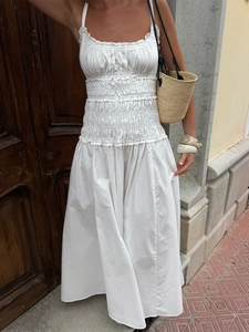 Vestito Lungo Da Donna In Cotone Con Corpino Punto Smock Spalline Sottili Volant Scollo Quadrato Stile Francese